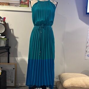 Taylor Blue Pleated Midi Sundress for Wedding Guest